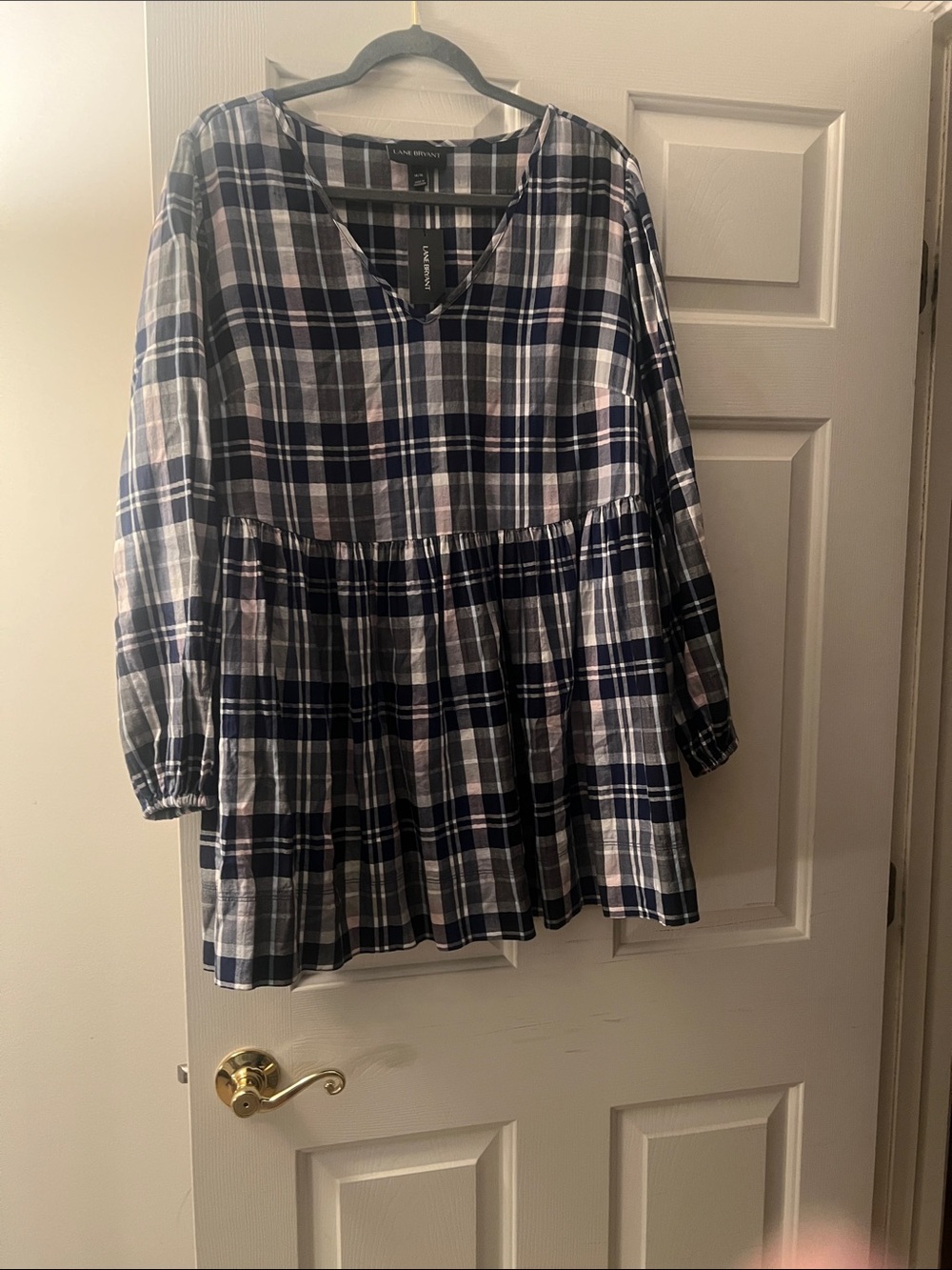 Lane Bryant Navy & White Plaid Peplum Tunic Top
